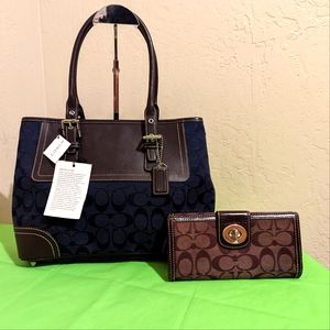 Coach 11330 Hampton Signature Denim Tote Satchel Carryall w/ BONUS Match Wallet